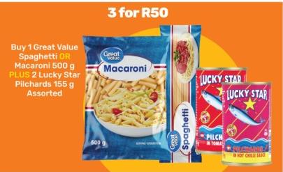 Great Value Spaghetti OR Macaroni PLUS 2 Lucky Star Pilchards Assorted 