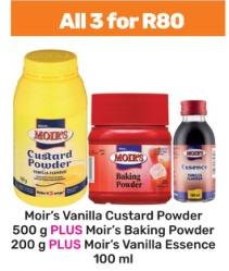 Moir's Vanilla Custard Powder 500 g PLUS Moir's Baking Powder 200 g PLUS Moir's Vanilla Essence 100 ml