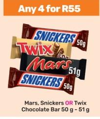 Mars, Snickers OR Twix Chocolate Bar 50g - 51g Any 4