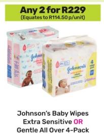 Johnson's Baby Wipes Extra Sensitive OR Gentle All Over 4-Pack any 2 