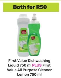 First Value Dishwashing Liquid 750 ml PLUS First Value All Purpose Cleaner Lemon 750 ml 