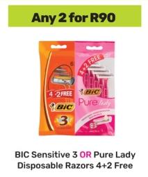 BIC Sensitive 3 OR Pure Lady Disposable Razors 4+2 Free any 2 