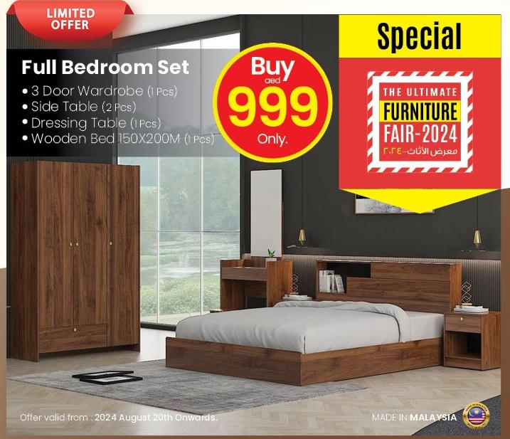 Full Bedroom Set: 3 Door Wardrobe (1 Pcs), Side Table (2 Pcs), Dressing Table (1 Pcs), Wooden Bed 150X200M (1 Pcs)