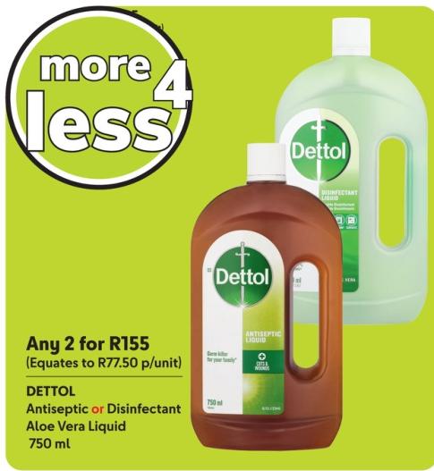 Any 2 DETTOL Antiseptic or Disinfectant Aloe Vera Liquid 750 ml