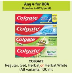 Any 4 Colgate Regular, Gel, Herbal or Herbal White (All variants) 100 ml