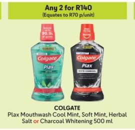 Any 2 COLGATE Plax Mouthwash Cool Mint, Soft Mint, Herbal Salt or Charcoal Whitening 500 ml