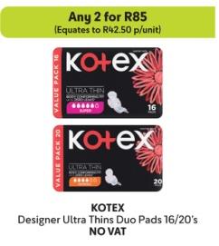 Any 2 KOTEX Designer Ultra Thins Duo Pads 16/20's