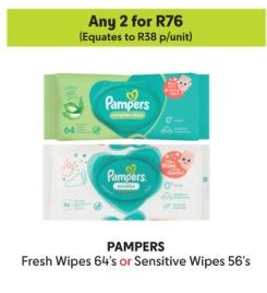 Any 2 PAMPERS Fresh Wipes 64's or Sensitive Wipes 56's