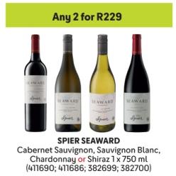 Any 2 Spier Seaward Cabernet Sauvignon, Sauvignon Blanc, Chardonnay or Shiraz 1 x 750 ml