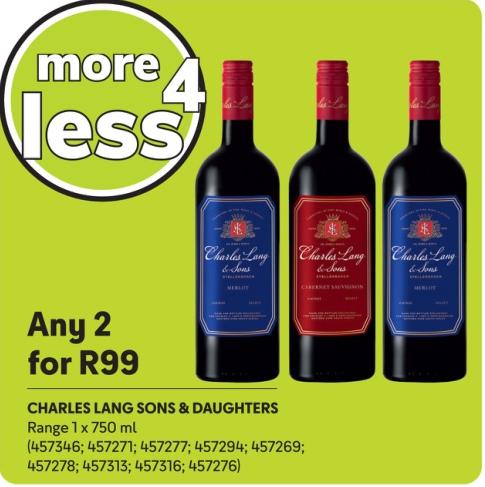 Any 2 Range 1 x 750 mL CHARLES LANG SONS & DAUGHTERS 750ml