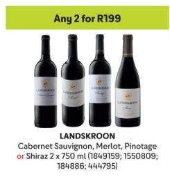 LANDSKROON Cabernet Sauvignon, Merlot, Pinotage or Shiraz Any 2 x 750 ml