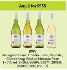 Any 2 KWV Sauvignon Blanc, Chenin Blanc, Moscato, Chardonnay, Rosé or Moscato Rosé 1 x 750 ml