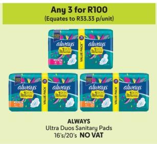 Any 3 ALWAYS Ultra Duos Sanitary Pads 16's/20's