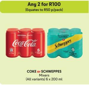 Any 2 COKE or SCHWEPPES Mixers (All variants) 6 x 200 ml