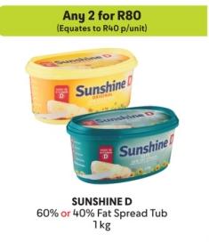 Any 2 SUNSHINE D 60% or 40% Fat Spread Tub 1kg