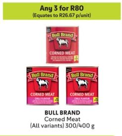 Any 3 BULL BRAND Corned Meat (All variants) 300/400 g