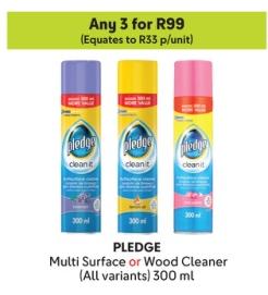 Any 3 PLEDGE Multi Surface or Wood Cleaner (All variants) 300 ml