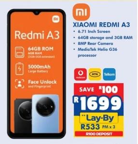 XIAOMI REDMI A3 6.71 Inch Screen 64GB storage and 3GB RAM 8MP Rear Camera MediaTek Helio G36 processor