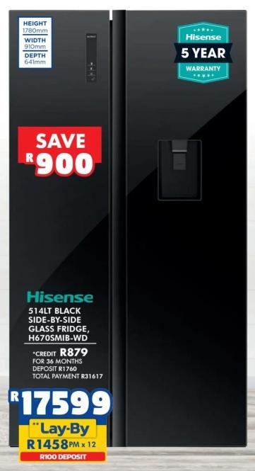 Hisense 514LT Black Side-by-Side Glass Fridge, H670SMIB-WD