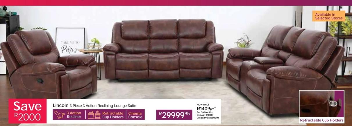 Lincoln 3 Piece 3 Action Reclining Lounge Suite