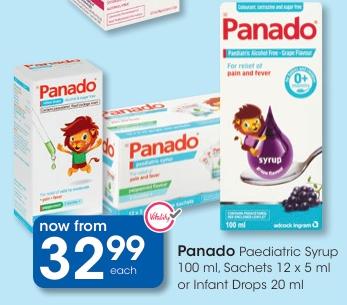 Panado Paediatric Syrup 100 ml, Sachets 12x5 ml or infant Drops 20 ml