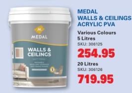 MEDAL WALLS & CEILINGS ACRYLIC PVA Various Colours 20 Litres