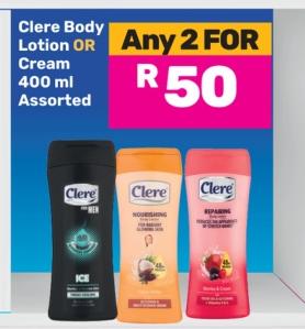 Buy Any 2 Clere Body Lotion OR Cream 400 ml Assorted