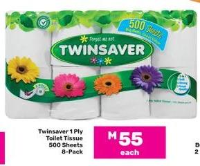 Twinsaver 1 Ply Toilet Tissue 500 Sheets 8-Pack