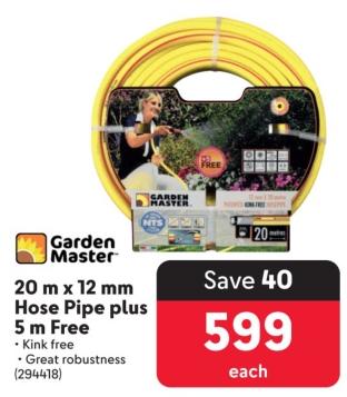 Garden Master 20 m x 12 mm Hose Pipe plus 5 m Free 