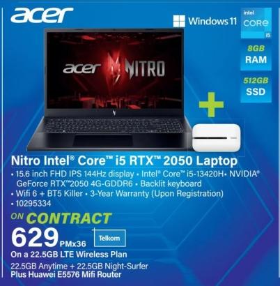 Nitro Intel® Core™ i5 RTX™ 2050 Laptop - 15.6 inch FHD IPS 144Hz display - Intel® Core™ i5-13420H - NVIDIA® GeForce RTX™2050 4G-GDDR6 - Backlit keyboard - Wifi 6 + BT5 Killer - 3-Year Warranty (Upon Registration)