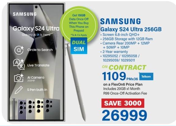 Samsung Galaxy S24 Ultra 256GB - Screen 6.8-inch QHD+ - 256GB Storage with 12GB Ram - Camera Rear 200MP + 12MP + 50MP + 10MP - 2-Year warranty