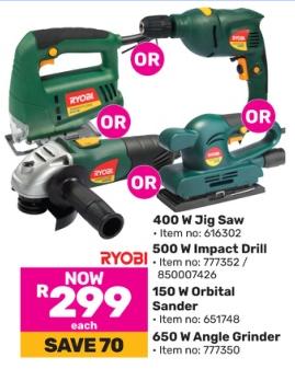 RYOBI 400 W Jig Saw , 500W Impact Drill , 150W Orbital Sander , 650W Angle Grinder