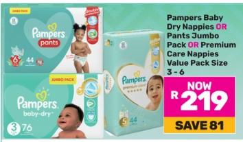 Pampers Baby Dry Nappies OR Pants Jumbo Pack OR Premium Care Nappies Value Pack Size 3-6