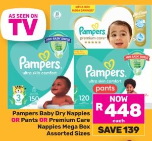 Pampers Baby Dry Nappies OR Pants OR Premium Care Nappies Mega Box Assorted Sizes