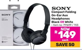 Sony Compact Folding On-Ear Aux Headphones Black OR White