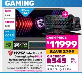 MSI Intel Core i5 Gaming Laptop PLUS Redragon Gaming Combo