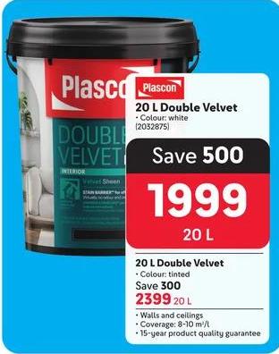 Plascon 20 L Double Velvet, Colour: white