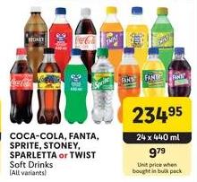 Coca-Cola, Fanta, Sprite, Stoney, Sparletta or Twist Soft Drinks (All variants) 24x440 ml 