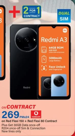 Redmi A3 with 64GB ROM and 6GB RAM, 5000mAh large battery, Face Unlock and Fingerprint.