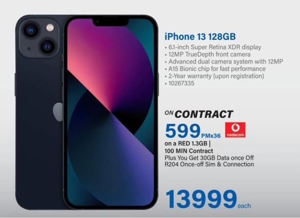 iPhone 13 128GB with 6.1-inch Super Retina XDR display, 12MP TrueDepth front camera, advanced dual camera system with 12MP, A15 Bionic chip for fast performance, and a 2-Year warranty (upon registration).