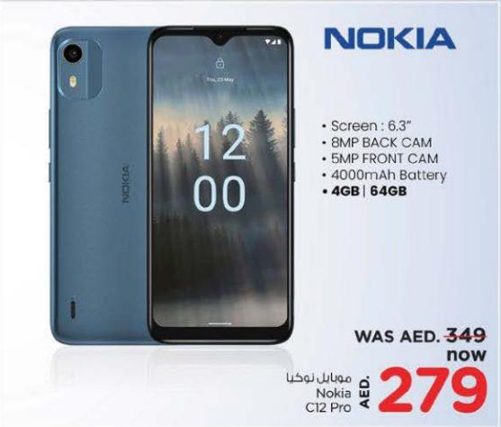 Nokia C12 Pro with 6.3" screen, 8MP back camera, 5MP front camera, 4000mAh battery, 4GB RAM and 64GB storage.