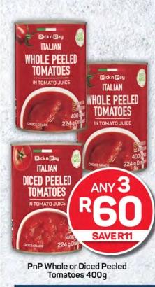 PnP Whole or Diced Peeled Tomatoes in Tomato Juice 400g Any 3