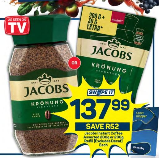 Jacobs Instant Coffee Assorted 200g or 230g Refill (Excludes Decaf)