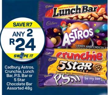 Any 2 Cadbury Astros, Crunchie, Lunch Bar, P.S. Bar or 5 Star Chocolate Bar Assorted 48g