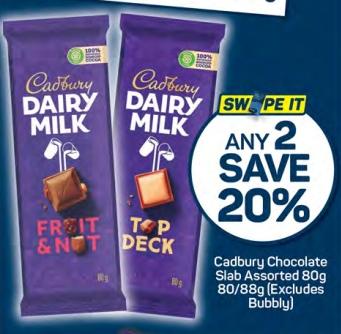 Any 2 Cadbury Chocolate Slab Assorted 80/88g