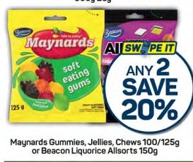 Any 2 Maynards Gummies, Jellies, Chews 100/125g Or Beacon Liquorice Allsorts 150g