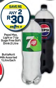 Any 2 Pepsi Max, Light or 7 Up Sugar Free Soft Drink 2Litre