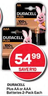 Duracell Plus AAA or AA Batteries 2-Pack Each