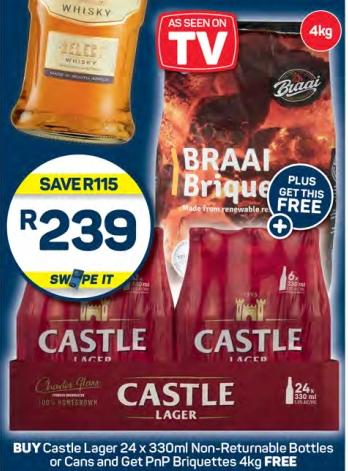 Castle Lager 24 x 330ml Non-Returnable Bottles or Cans with free PnP Briquettes 4kg