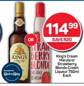 King's Cream Marula or Strawberry Blonde Cream Liqueur 750ml